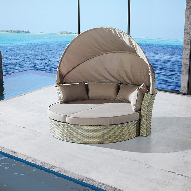 Birdies Factory Double Round with Canopy Rattan Day Outdoor Pool Beach Sun Bed