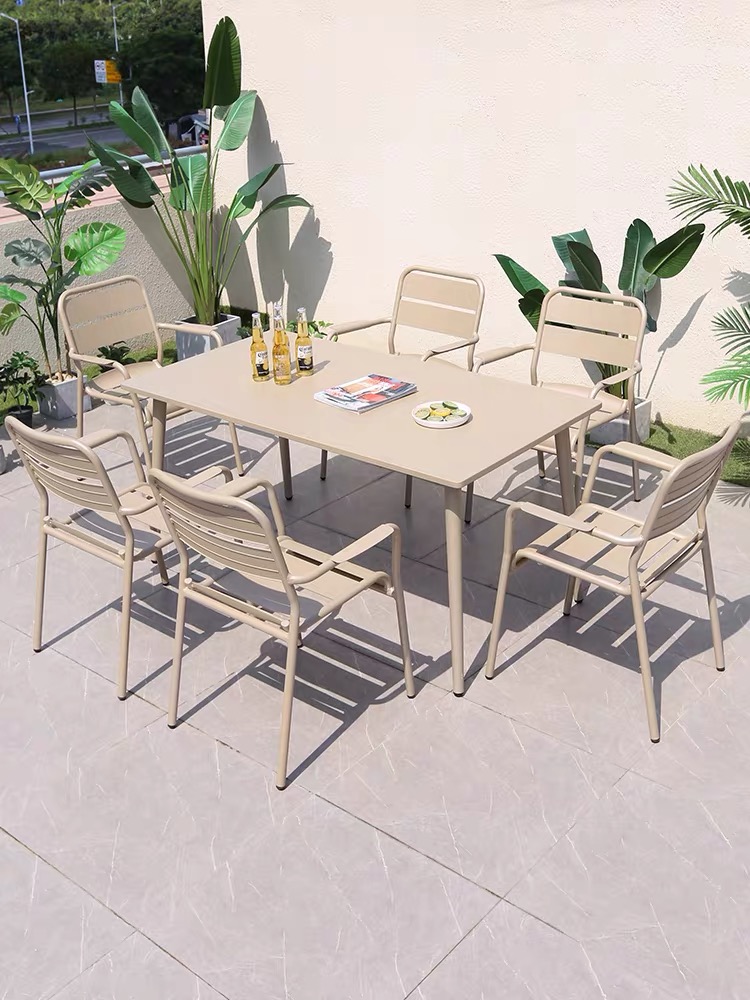 New Design Modern Brand Bistro Dining Outdoor Garden Restaurant Patio Metal Aluminum Stackable Chairs Table Set Furniture