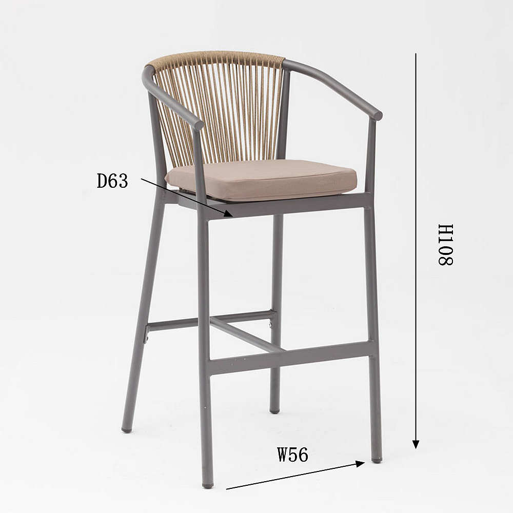 Modern New Hot Sale Rope Art Design Elastic Soft Back Cushion Aluminum Terrace Party Pub Outdoor Rope Bar Chair